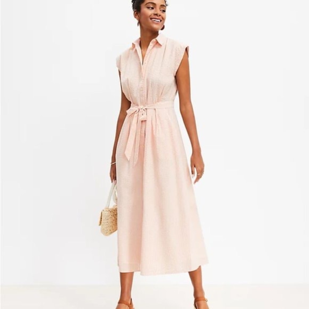 NWT LOFT petite Seersucker Midi Pocket Shirtdress